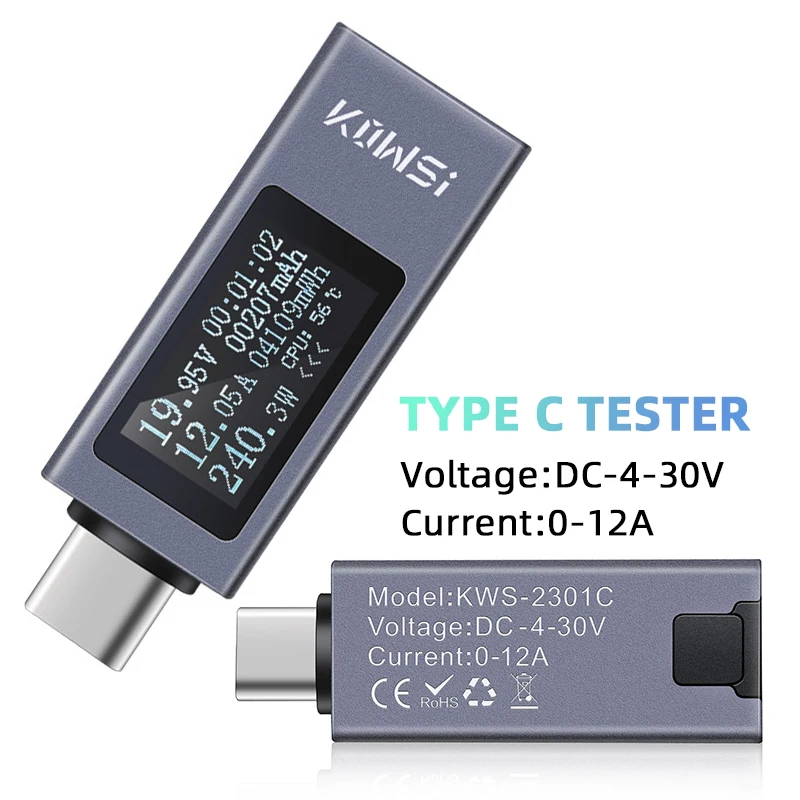 Type-C Mobile Phone Charging Detector 12A High Current PD DC Voltmeter Type-C Bidirectional Current Voltage Capacity Tester