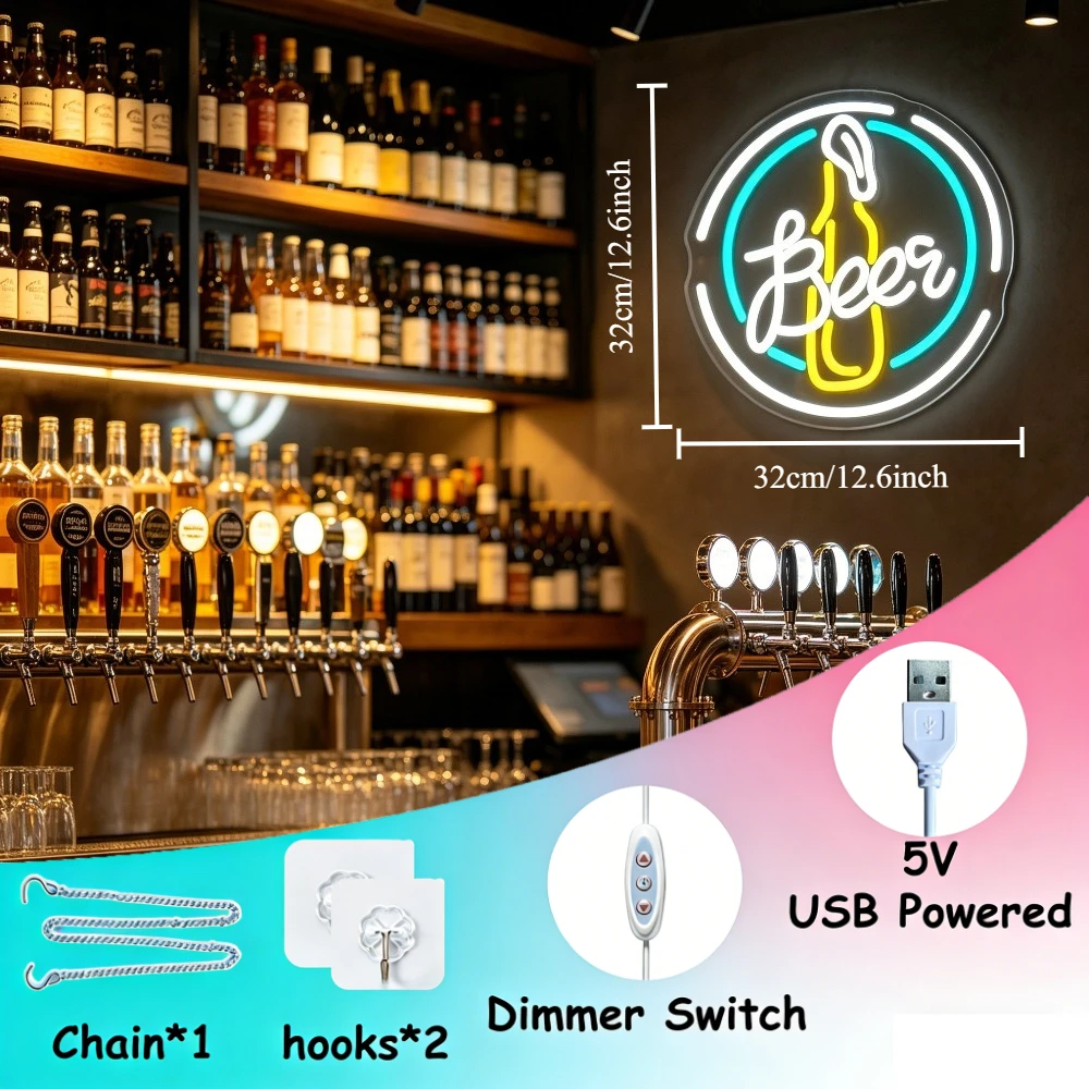 Beer Bottle Neon Sign Dimmable LED USB Wall Light Hanging for Bar Garage Men Cave Pub Home Bar Sport Zone Bachelor Party Decor