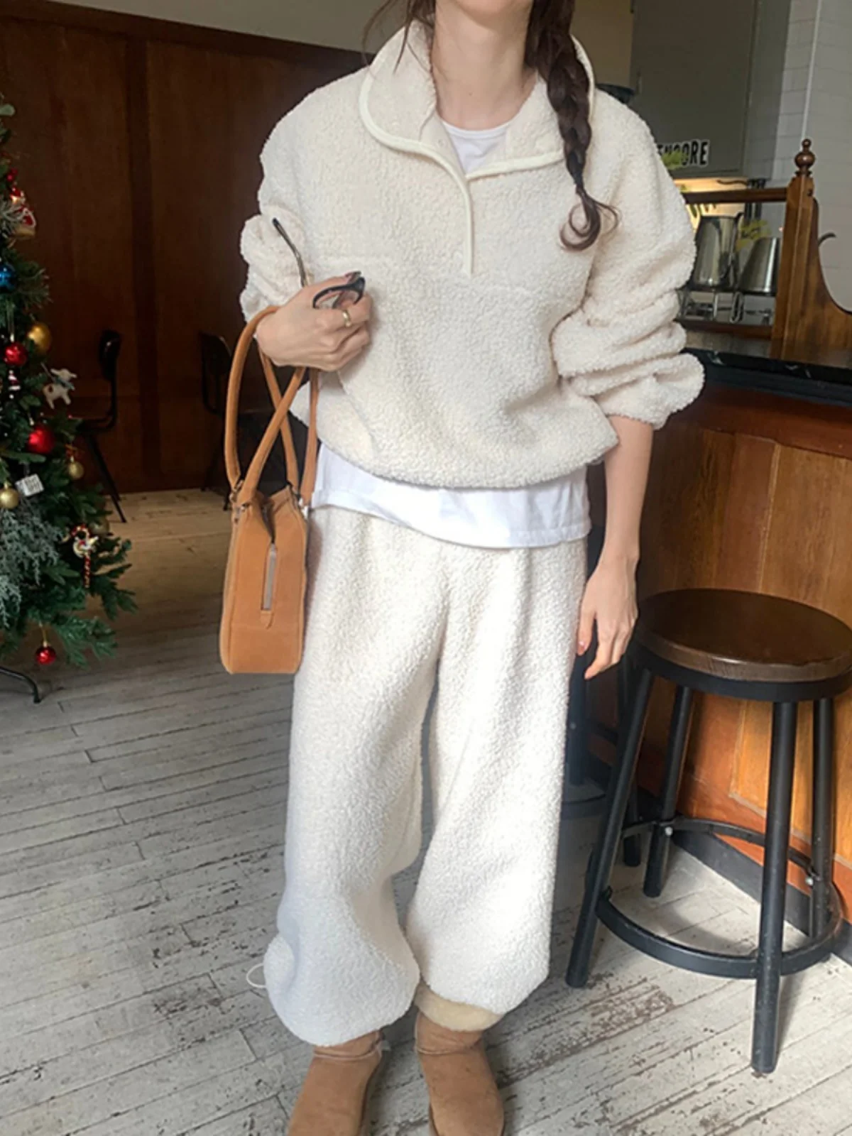

Autumn Set Women's Loose Casual Lamb Fur Two-Piece Suit High Waist Slimming Long Pants Hoodie Outerwear Versatile Faion Ens...