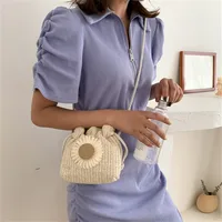 Woven Straw Mini Messenger Bag for Women Drawstring Closure Summer Cute Bucket Bag with Flower Crossbody Bag, Phone Wallet Pouch - Image 6
