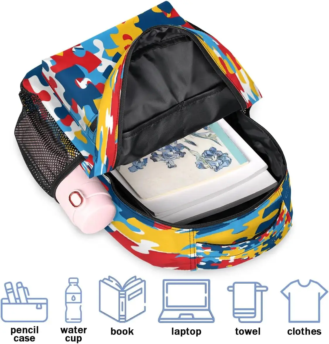 حقيبة ظهر بازل قطع ملونة ريترو مقاومة للماء وخفيفة الوزن للسفر حقيبة ظهر كاجوال قابلة للتعديل للرجال والنساء حقيبة نهارية