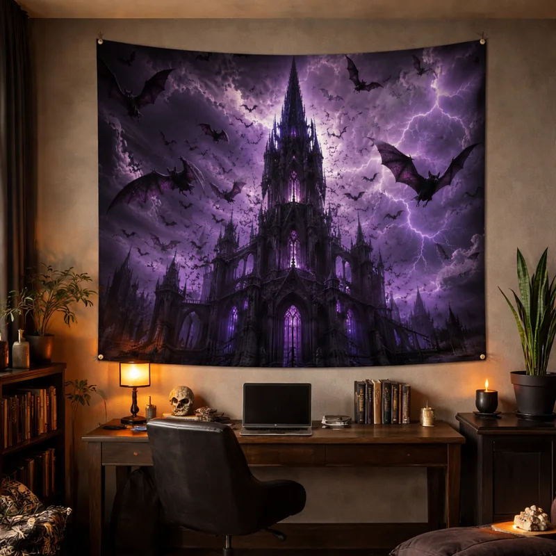 VIKAMA Gothic Castle Tapestry, Purple Lightning Bat Dark Aesthetic Wall Hanging, Halloween Home Decor