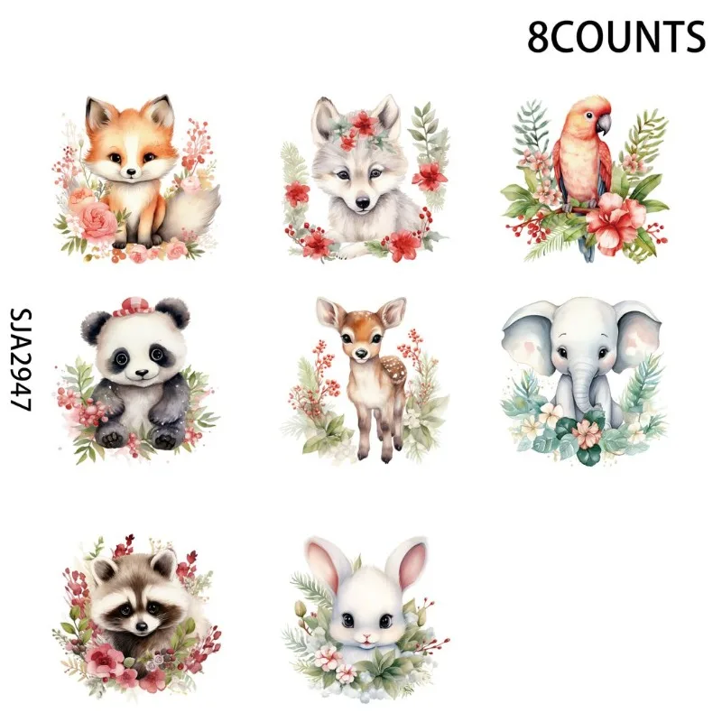 8pcs Animals Wearing Wreath UV DTF Stickers, Waterproof Sticker Pack For Decorating Mugs, Cups,DIY Art Supplies，Home decoration