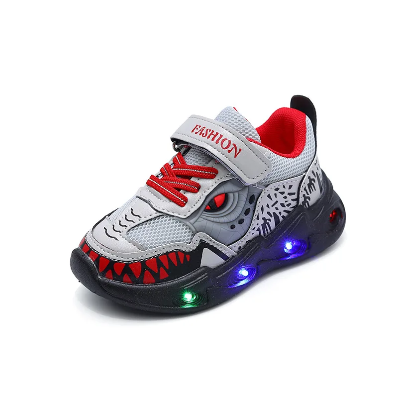 2024 Boys New Cartoon Sneakers Children Baby Autumn LED Luminous Sports Shoes Kids Shark Casual Light Up Shoes Size 22-31