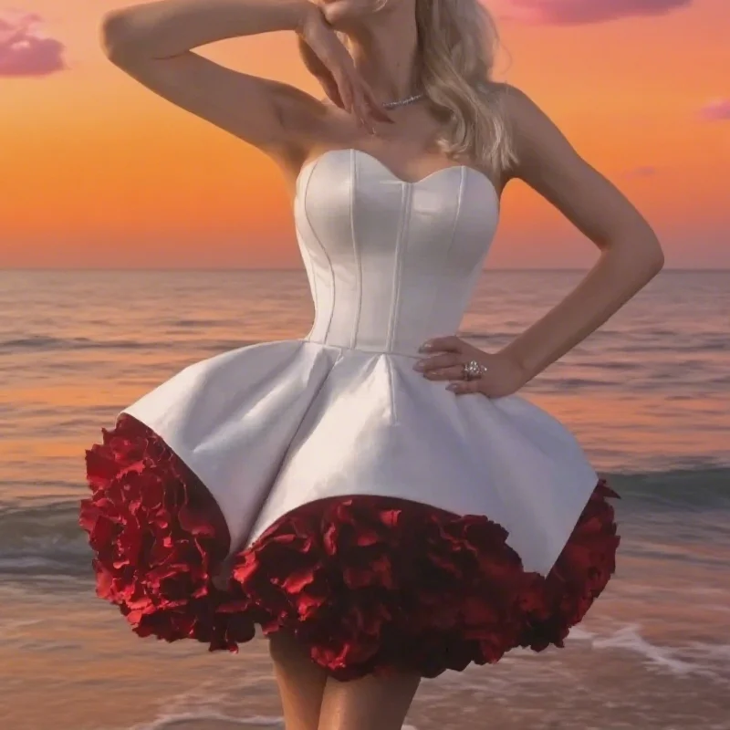 Exquisito vestido de noche acampanado con forma de corazón, vestido de fiesta de princesa corto sin mangas con flores encantadoras, vestido de graduación personalizado