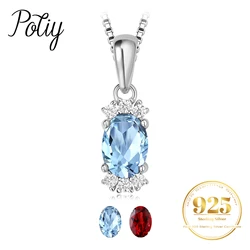 Potiy Natural Oval Sky Blue Topaz Garnet Pendant Necklace No Chain 925 Sterling Silver for Women Daily Wedding Party Jewelry
