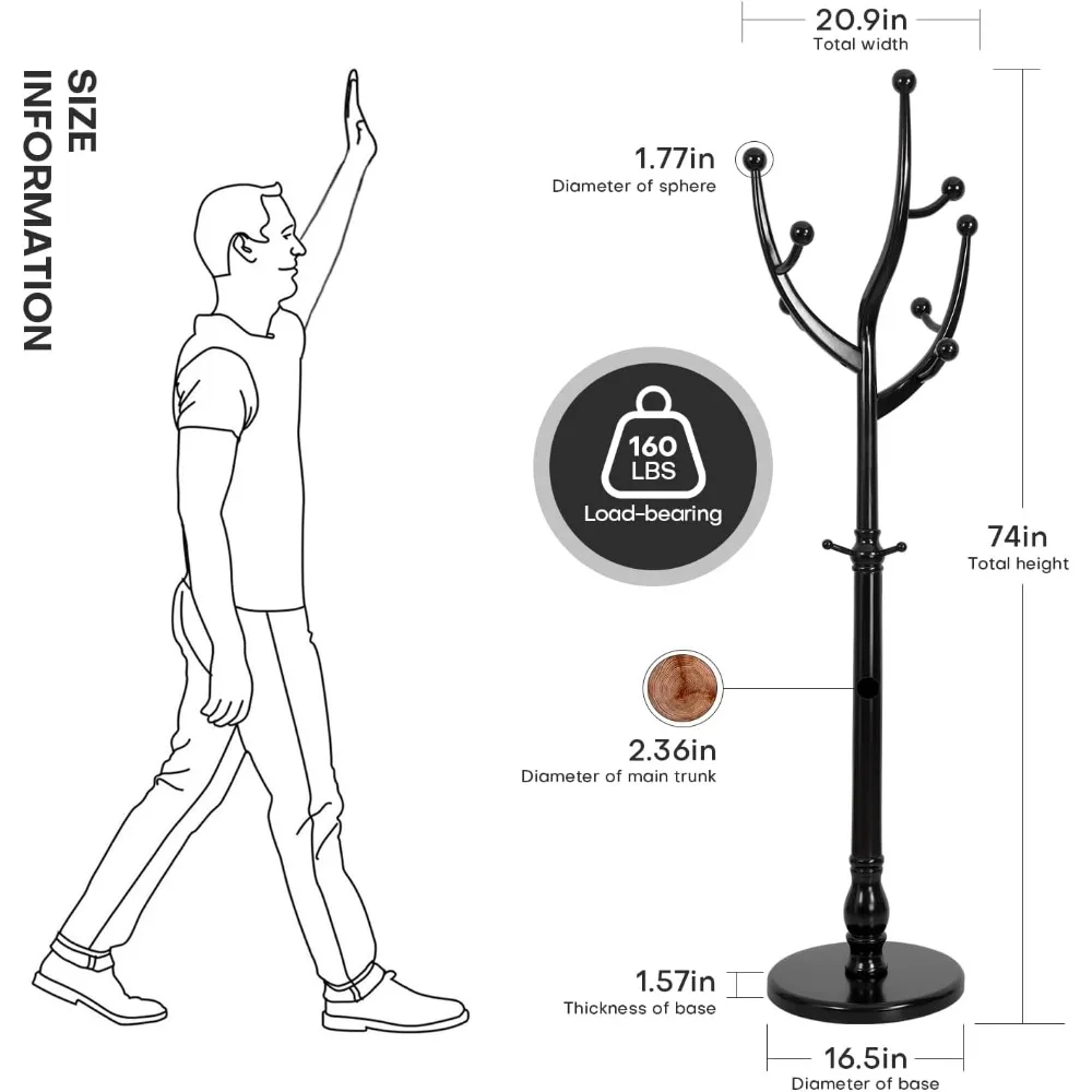 رف معطف قوي قائم بذاته على شكل شجرة مع خطافات وقاعدة مستديرة صلبة، بطول 74 بوصة