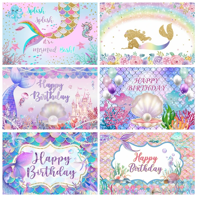 Meerjungfrau-Hintergrund für Fotografie, Mädchen, Prinzessin, Geburtstag, Party, Meerjungfrauenschwanz, Meeresboden, Muschel, Babyparty, Fotohintergrund, Dekor-Requisiten
