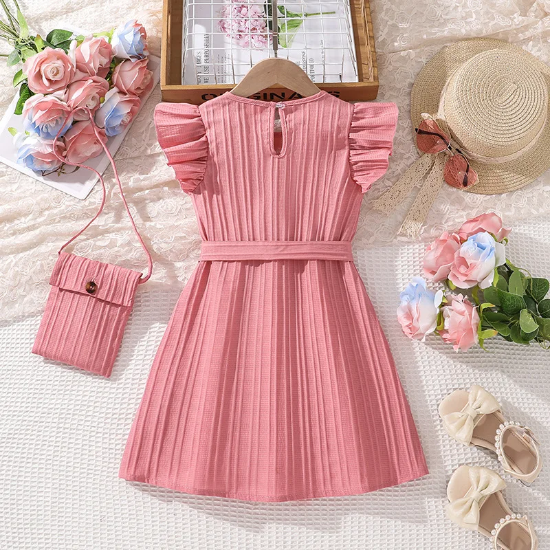 2024 Summer New Arrival Girls Sleeveless Ruffles Sahes Pink Bags Roupa Infantil Menina Cute Party Dress Custume 4-7T