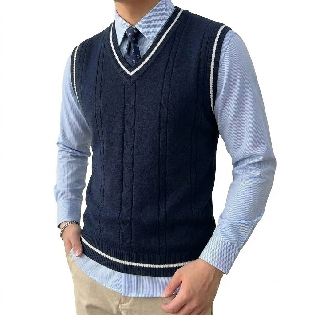 Herbst Herren V-Ausschnitt Pullunder Lässiger Leichter Streetwear Atmungsaktiver Patchwork Strickpullover Business Strickwaren für Männer – Detail 8