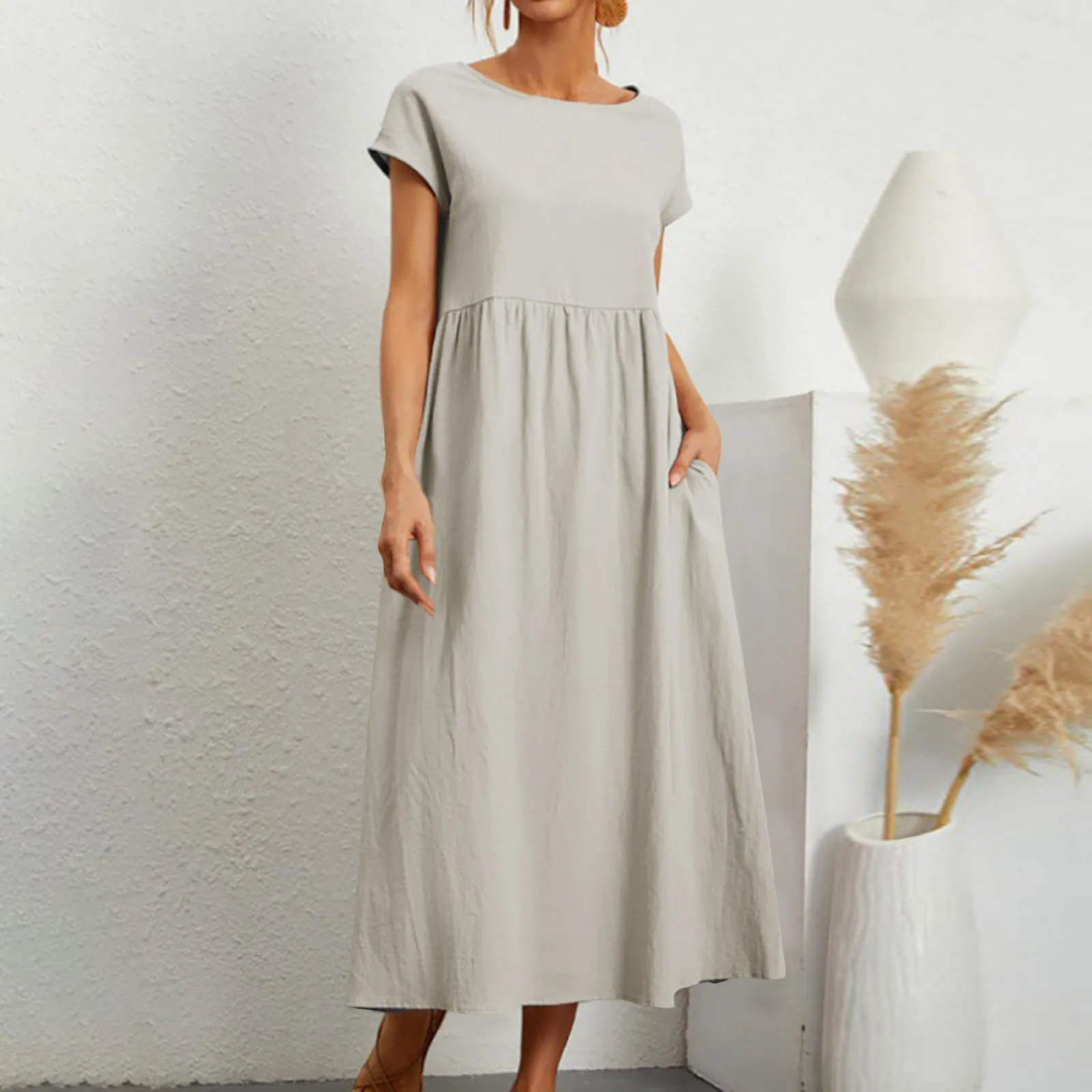 

Summer Women's Elegant Dress New Fashion Casual Short Sleeve O-Neck Solid Color Retro Cotton Comfortable Loose Pocket Long Dress