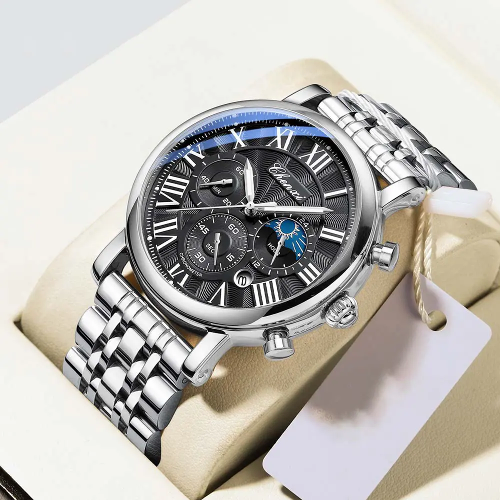 CHENXI Man's Multifunctional Watch Luxury Moon Phase Chronograph Luminous Waterproof Quartz Wristwatch High Quality Man Gifts