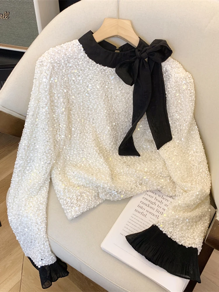 

Женская модная блузка с бусинами и узлами, в корейском стиле, белая, премиум-класса, свободного кроя, с длинными рукавами