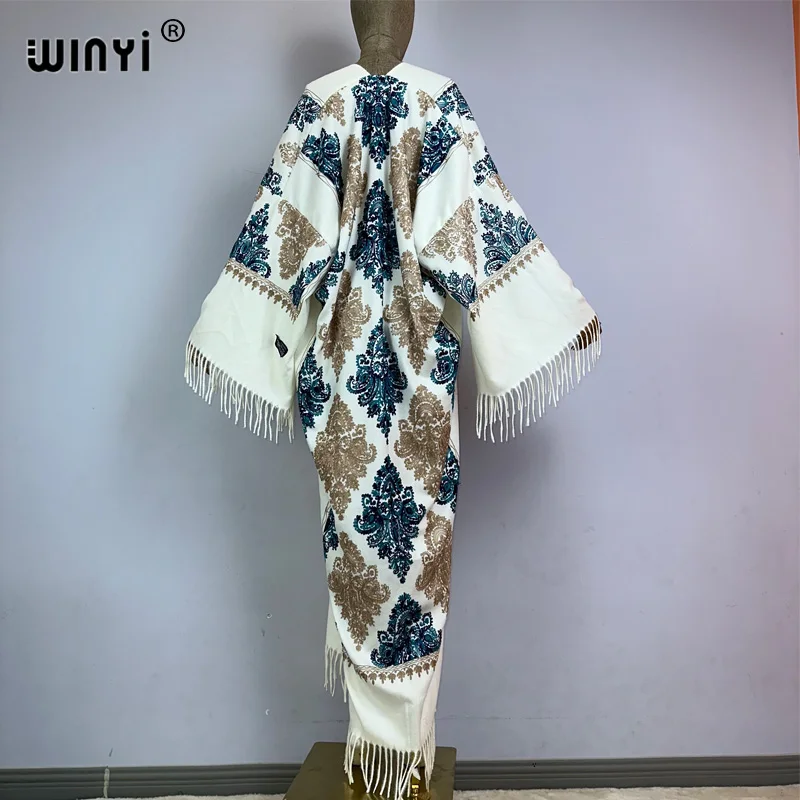 WINYI Donne di Inverno nappa Pashmina Ricamo Cappotto Lungo donna musulmana abiti abito abaya dubai lusso Medio Oriente Femminile KIMONO