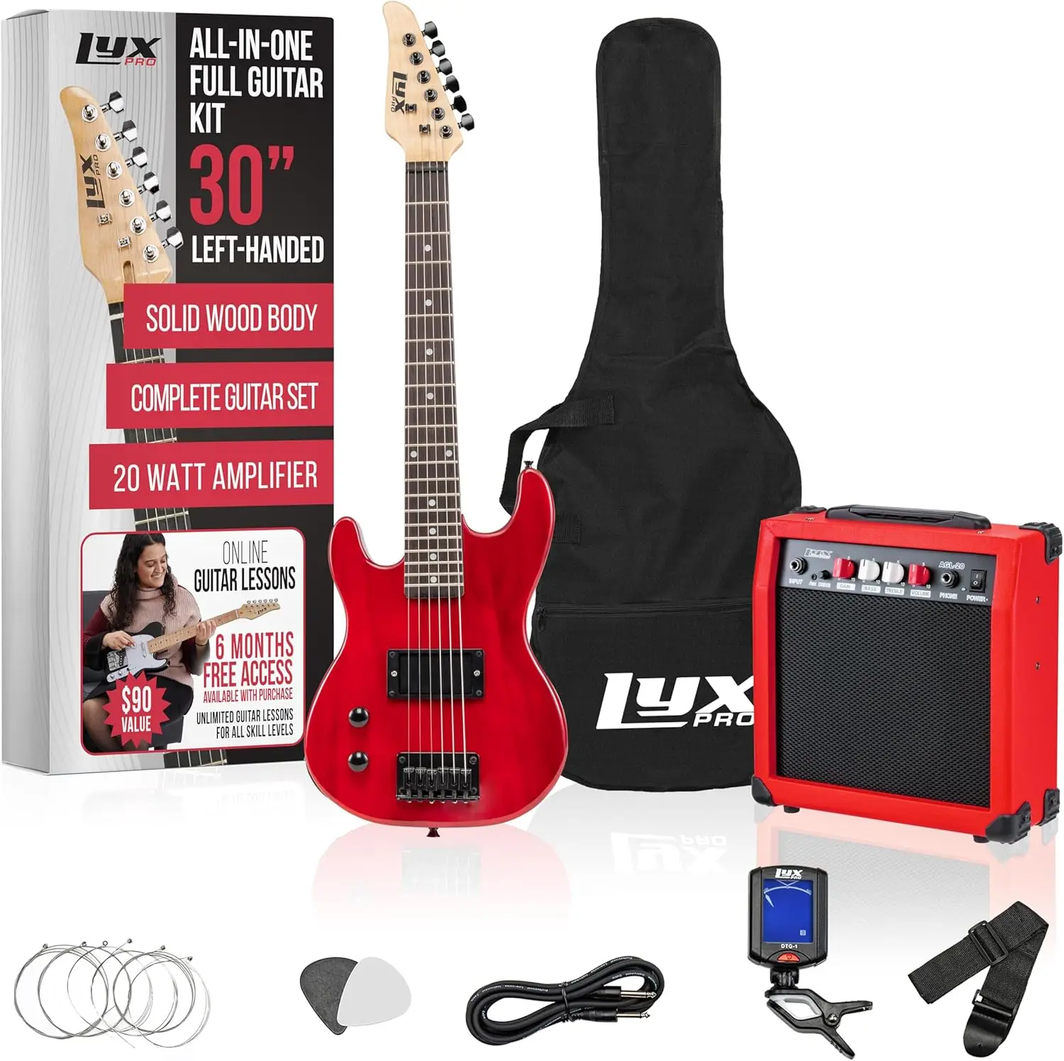 Left Hand 30 Inch Electric Guitar Kit for Lefty Kids 3/4 Size Beginner’s Guitar, Amp, Six Strings, Two Picks, Shoulder Strap, Di