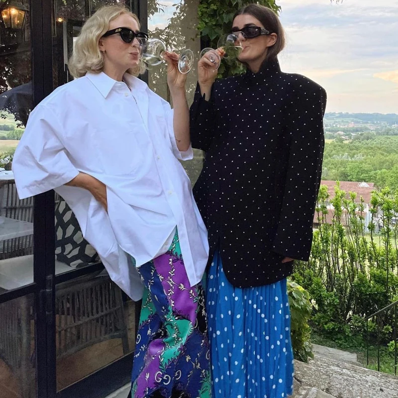 

Street Style Loose Women's Shirt Casual Design Short Sleeve Cotton Neck Mid-Length Straight Cut Vintage Fashion Top