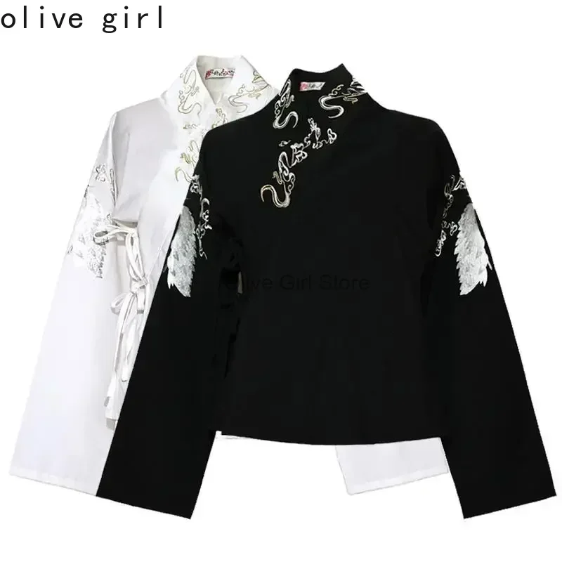 Oversized Traditional Chinese Hanfu Top Plus Size Daily Female Cross Collar Embroidery for Spring and Summer Clothing