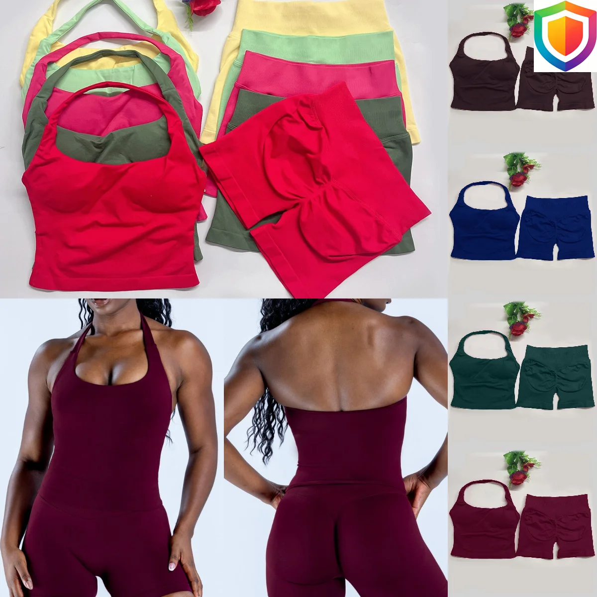 Image of 2-teiliges DF L0G0 Damen-Yoga-Set mit Neckholder und rückenfreiem Design, dehnbares, nahtloses Neckholder-Top, hochtaillierte Shorts mit Raffung, Sport-Outfits für das Fitnesstraining