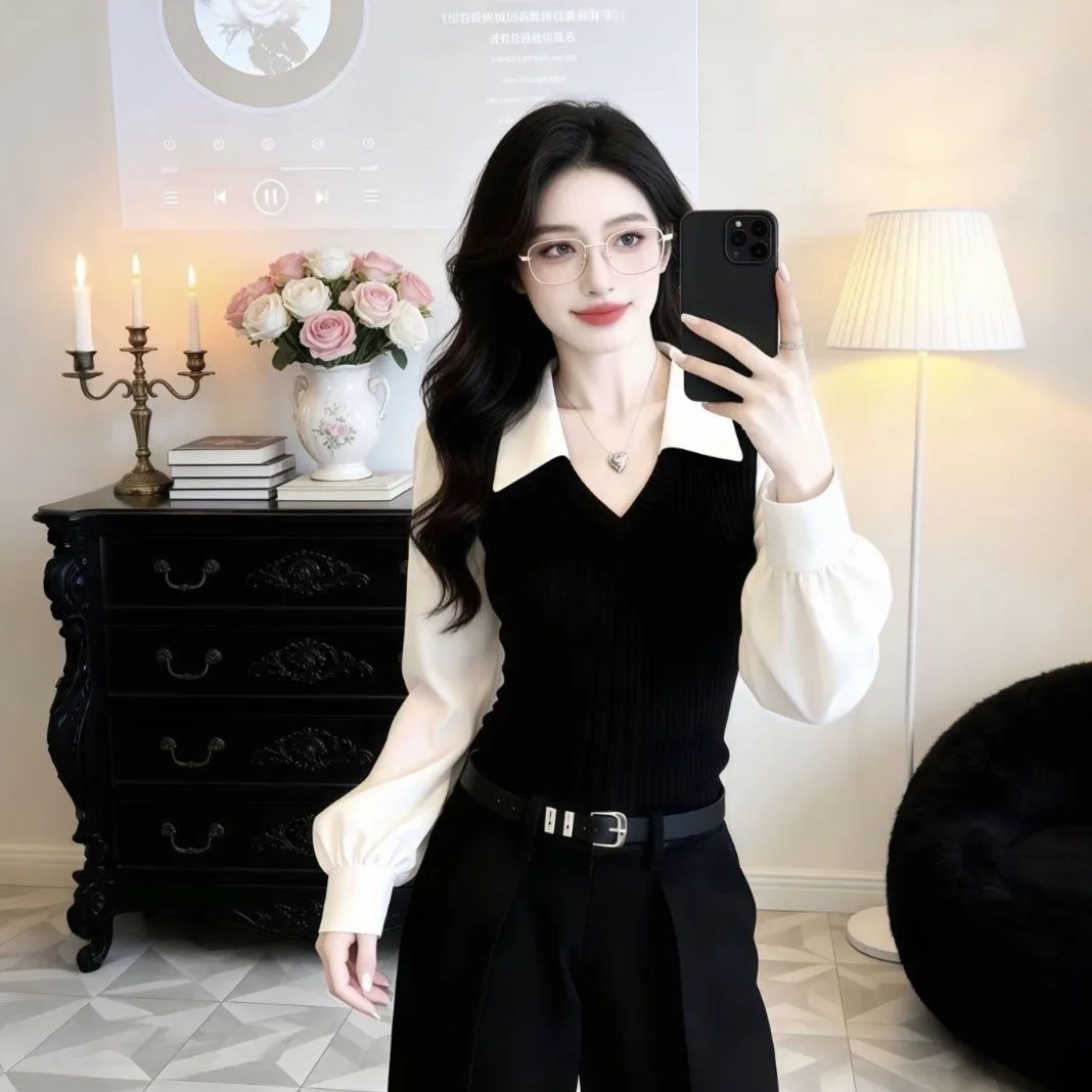 Spring 2026 New Style Casual Chic Black White Shirt Color Block Simple Design Commute Style Polyester Long Sleeve  Collar