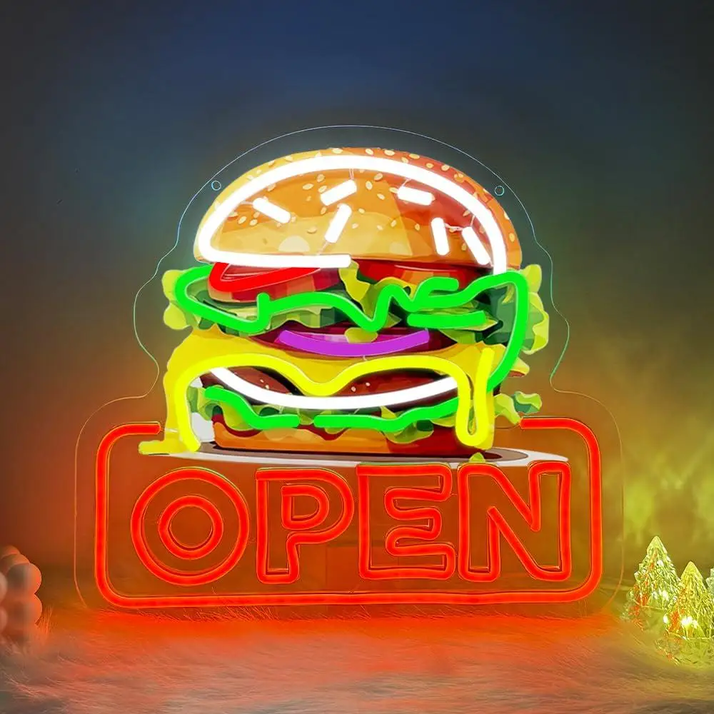 

Burger Open Neon Sign LED Light Signs for Business Fastfood Restaurant Bar Party Snack Shop Decor Gift for Christmas Festival