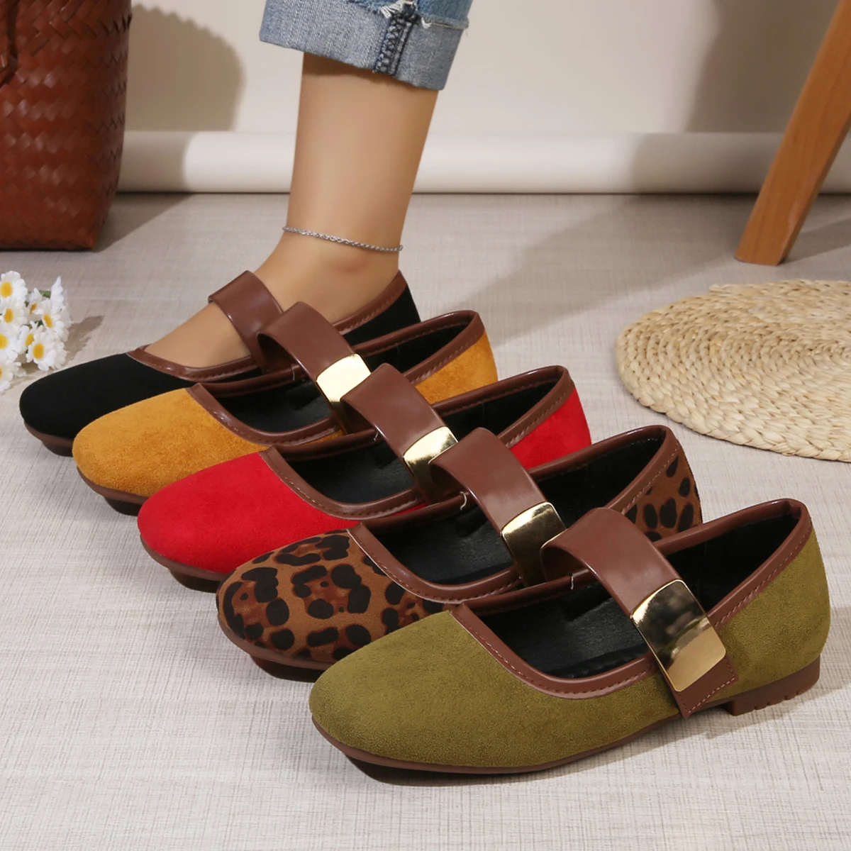 Vintage Style Women Mary Jane Shoes Summer 2026 Slip-On Anti-Slip Velvet Surface Lightweight Chunky Heels Fashionable SingI