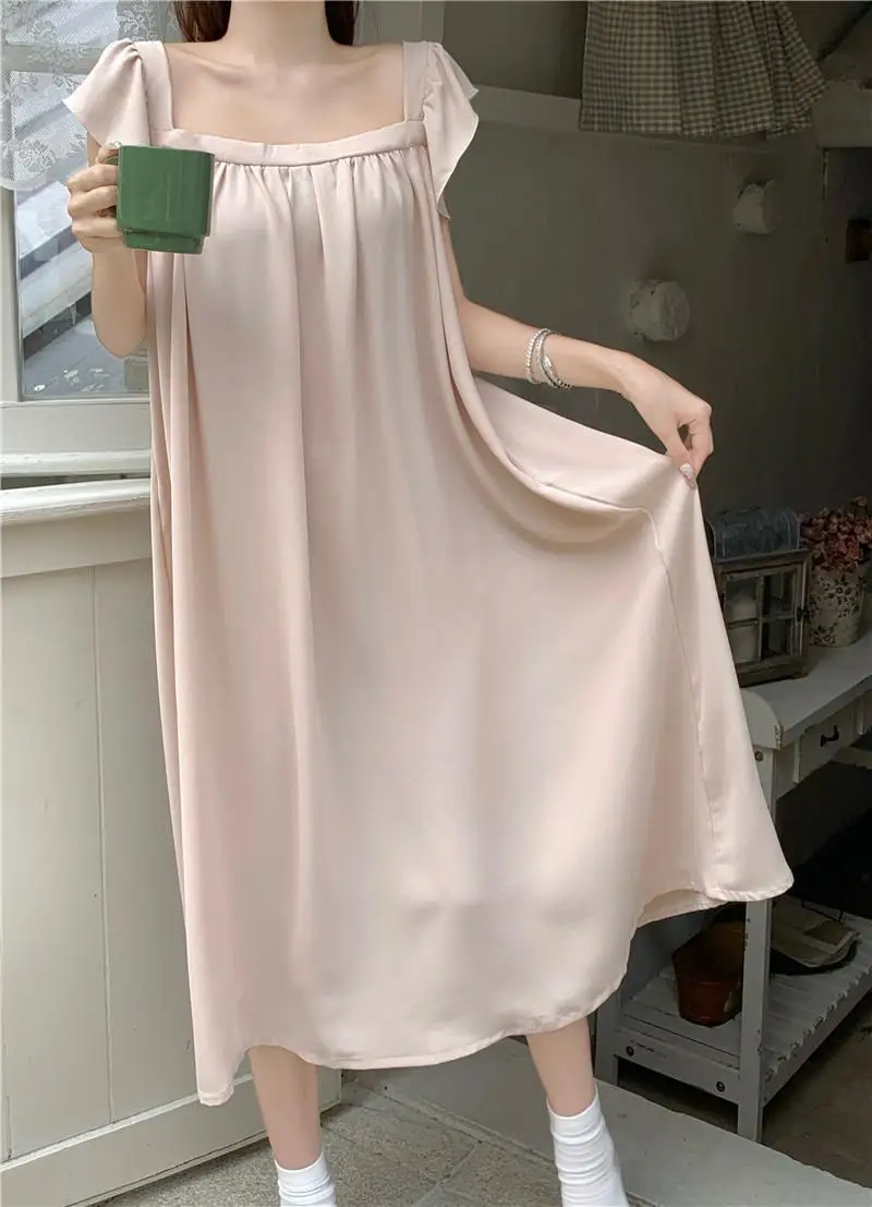 Korean version with corset ruffles halter nightgown female summer medium-length dress pajamas female square neck homewear