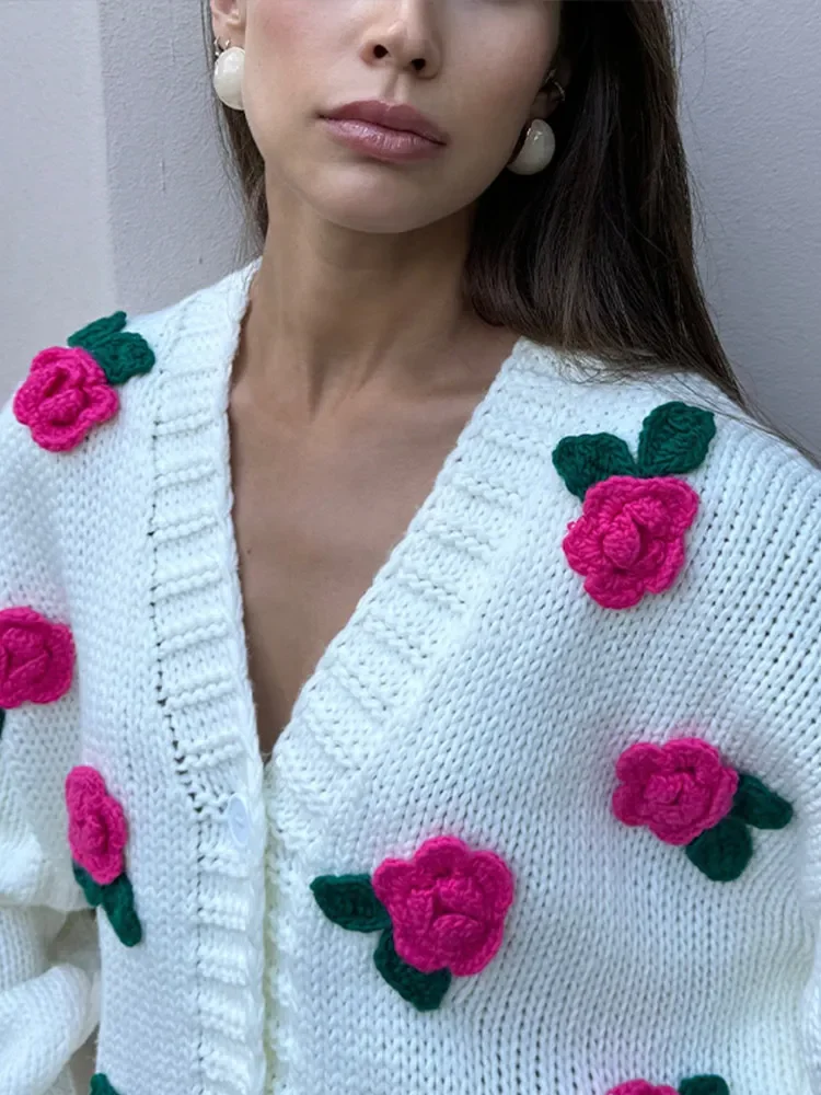 2024 Elegant Woman's 3d Rose Blossom Knitted Cardigan Fashion Handmade Slim White Sweater New Lady Autumn/winter Daily Clothing