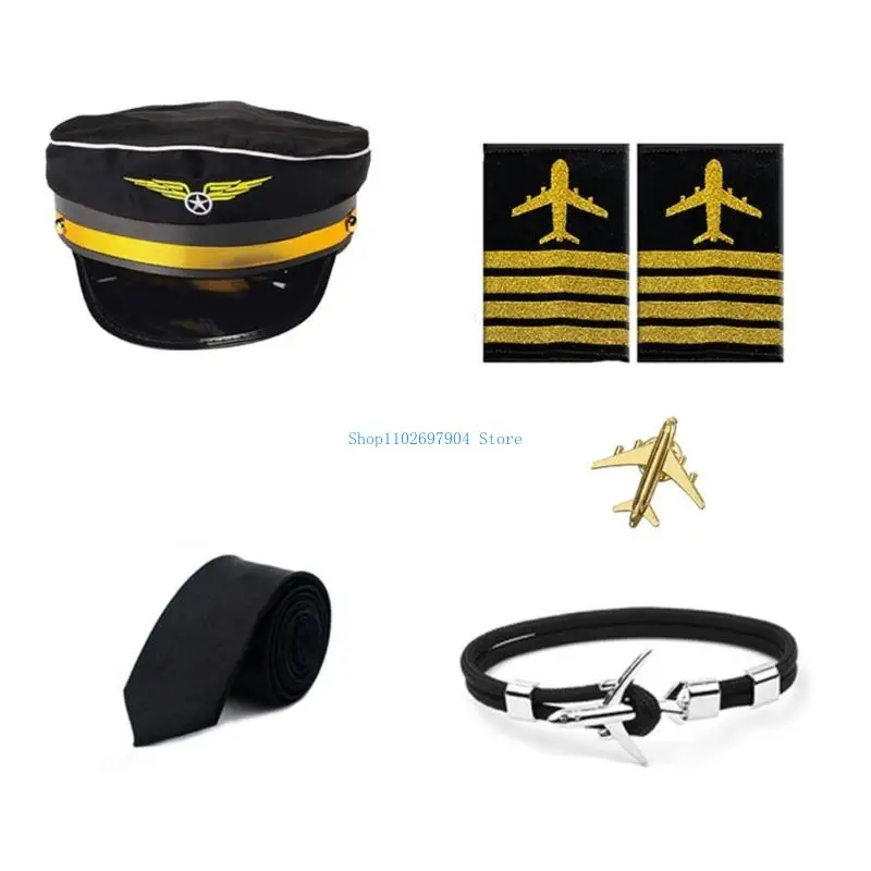 N7YF Flight Attendant Stewardess Role Play Outfit Captain Uniform Epaulettes Hat Tie