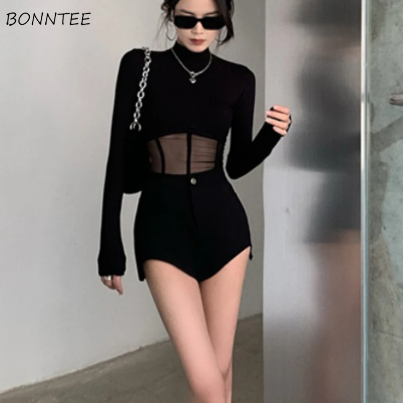 Long Sleeve T-Shirts Women Patchwork All-match Solid Chic Sweet Sexy Girls Korean Fashion Spring Summer Youth Holiday Clothing