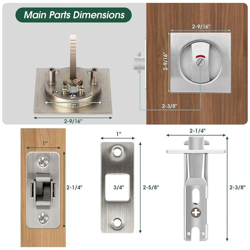 FULL-Pocket Door Lock With Indicator Light, Silver Privacy Square Pocket Latch, Barn Door Lock Pocket Door Hardware