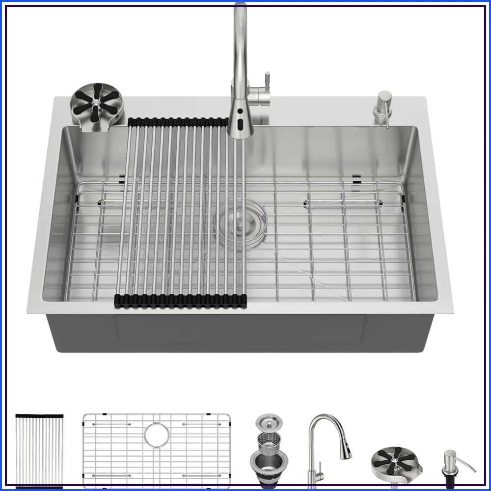 33x22 Drop In Kitchen Sink with Faucet and Cup Washer