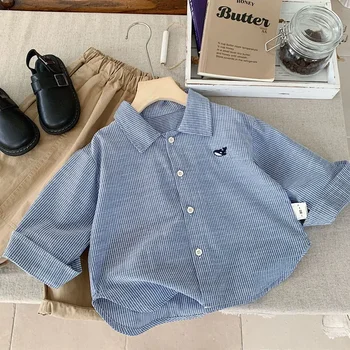 2-7Y قمصان أطفال صغيرة مطرزة على شكل سمكة مخططة للأولاد سترة قطنية بياقة مقلوبة قميص أطفال بأكمام طويلة