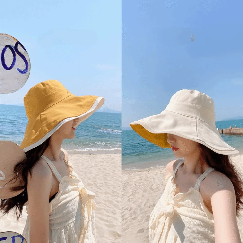 

Broad-edged Double-sided Wear Fisherman's Hat Soft Versatile Bucket Hat Removable Windproof Rope Foldable Women Sun Hat Summer
