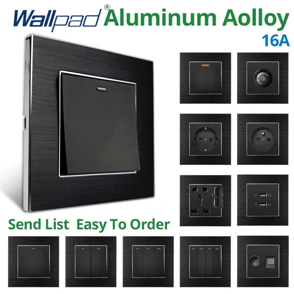 Wallpad Black Aluminum Alloy Panel EU Sockets And Switches LED Dimmer 1/2/3/4 Gang 1/2 Way USB Charge Outlet