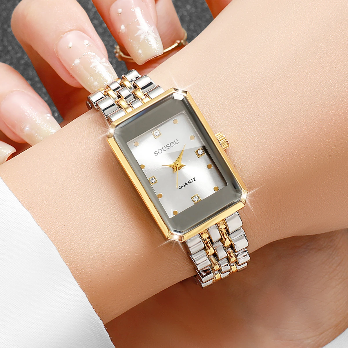 Fashion Rectangle Rhinestone Women Quartz Watch Stainless Steel Bracelet Ladies Dress Wristwatches Relogio Feminino（Without Box）