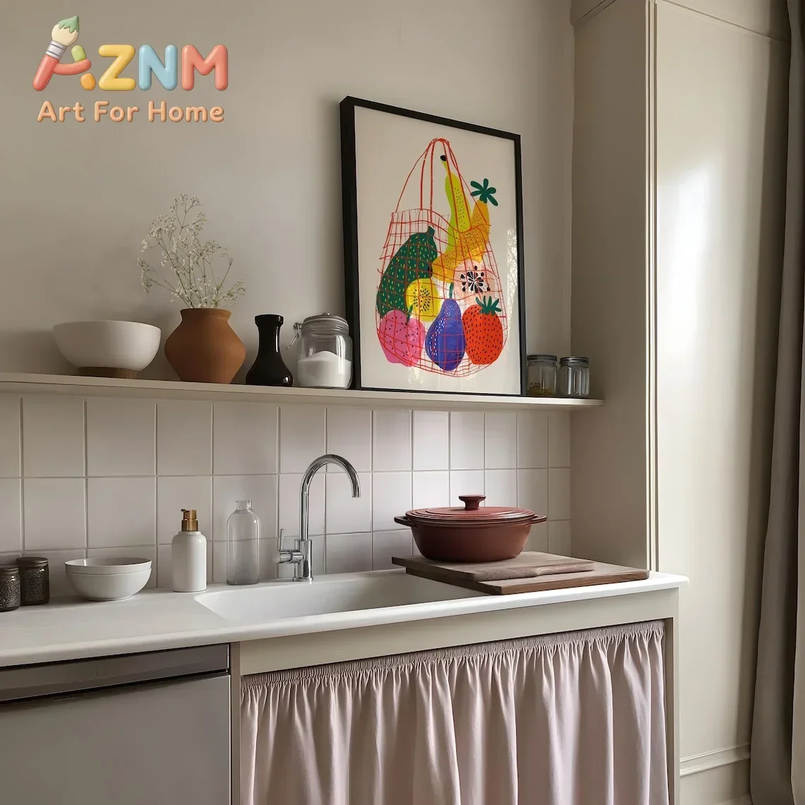 AZNM Colorful Fruit Net Bag Canvas Wall Art Abstract Hand Drawn Tropical Fruits Art Print Unframed Canvas Poster for Kitchen Dec