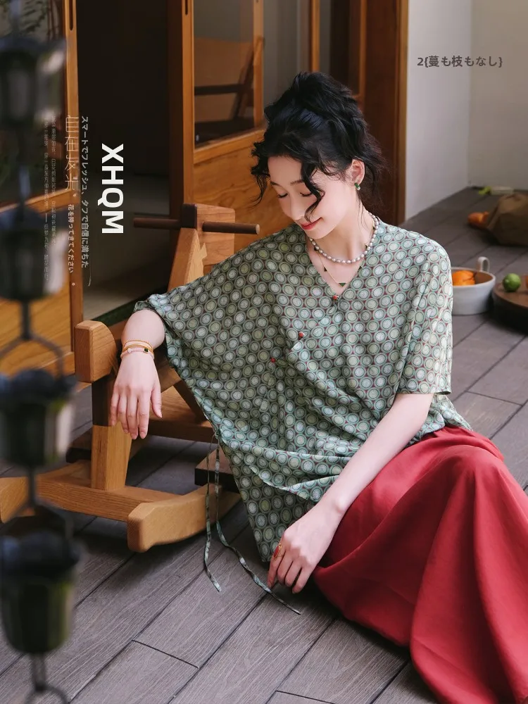 

Elegant Silk Shirt Little Lemon New Chinese Style Silk Top Pale Print Belted Artistic Summer Women's Straight Tube S...