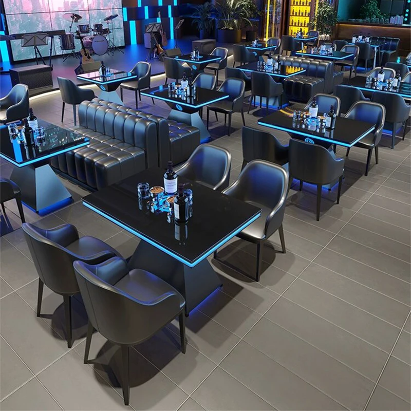 #Wine Cool Bar Furniture Set Disco Dance Nightclub Cocktail Bistro Pub Beer Tempered Glass Customized Logo Led Table and Chairs