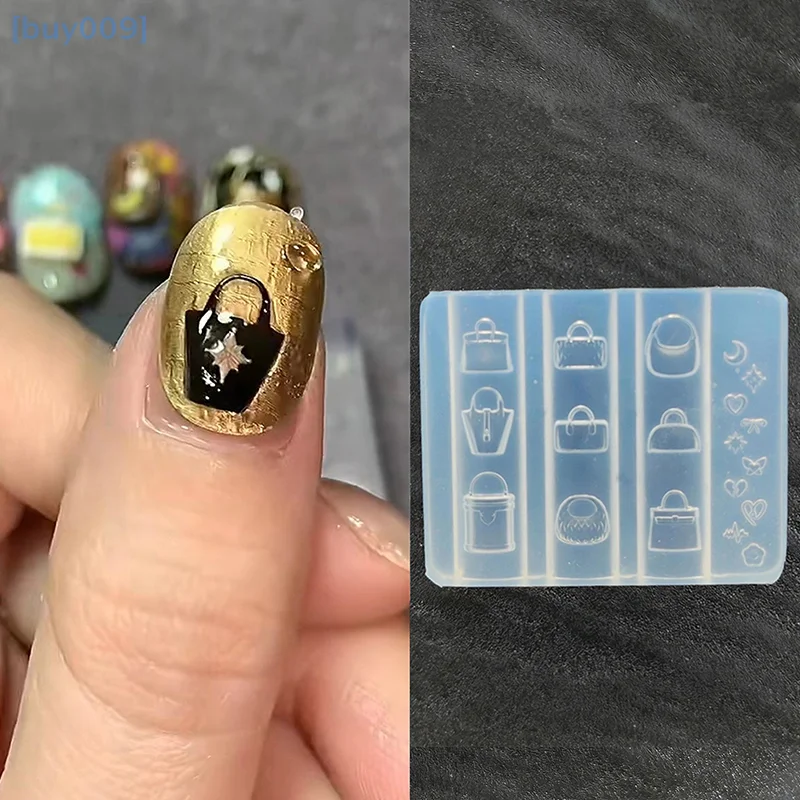 【buy009】1 pçs 3d bonito dos desenhos animados saco forma decoração da arte do prego molde diy silicone modelos da arte do prego molde do prego encantos presente