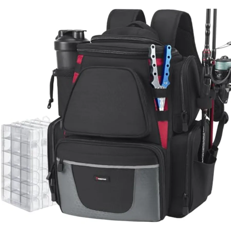 

Fishing Backpack with 2 Rod Holders and 4 Tackle Boxes Large Tackle Storage Bag With Rain Cover for Fishing Gear