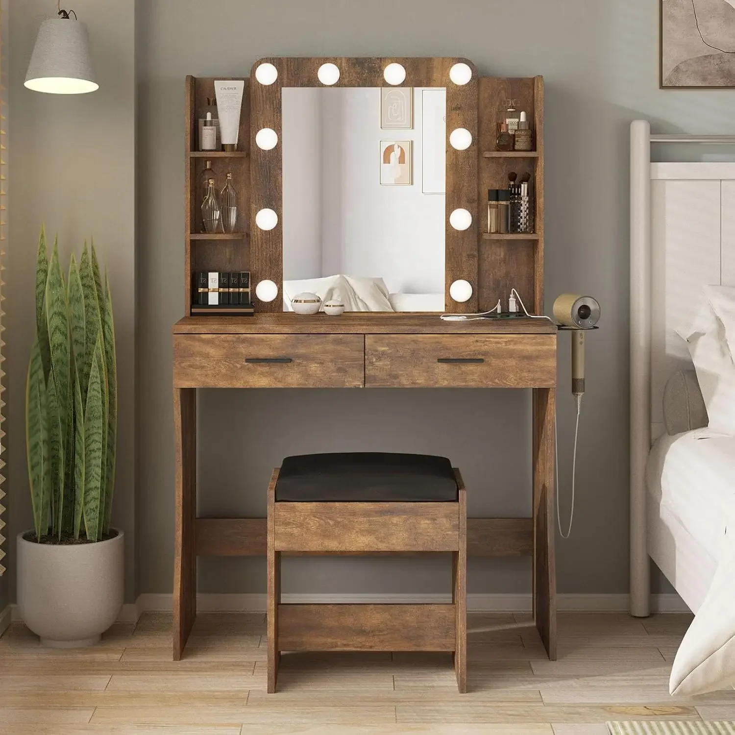 Vabches Vanity Desk with Lights,Makeup Vanity with Power Strip,Dressing Table Set with 2 Large Drawers,Vanity Mirror 3 Lighting