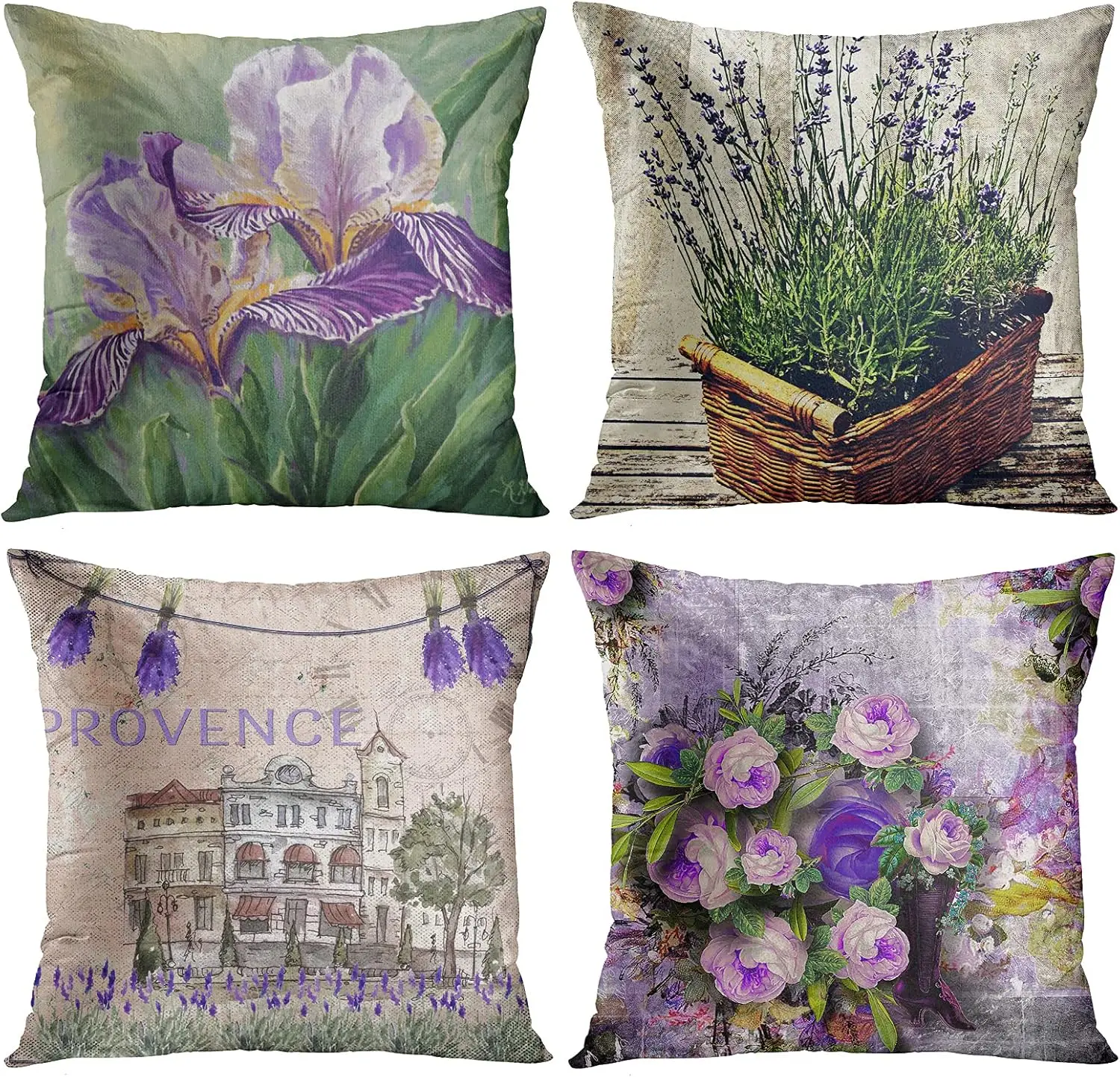 

4Pcs Provence Lavender Throw Pillow Covers, Vintage Iris and Floral Cushion Cases for Living Room Bedroom Sofa Home Decor
