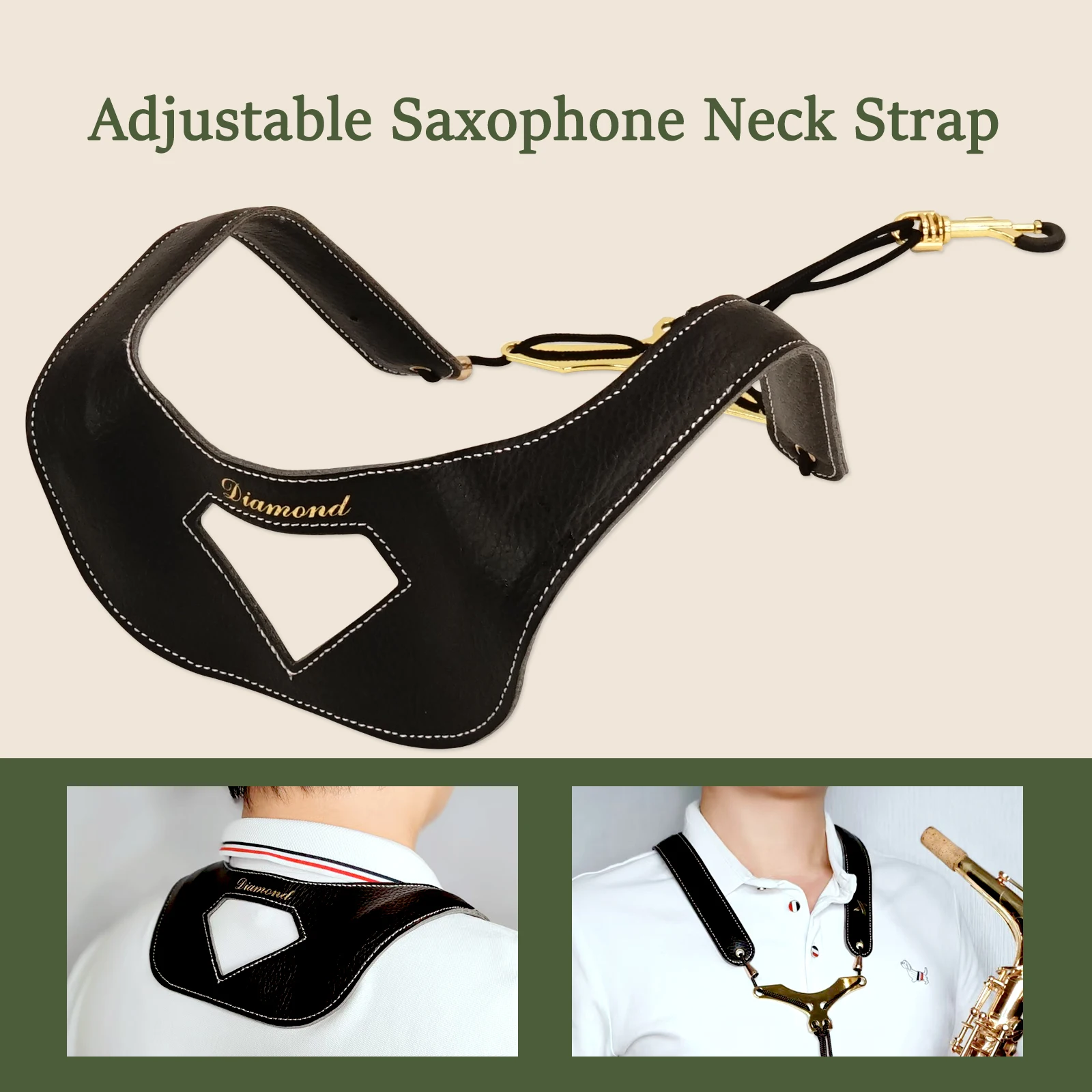 Black Saxophone Strap, Saxophone-Specific Double Shoulder Strap, Adjustable Double Shoulder Strap with Curvature Adjustment, Universal Strap for Alto and Tenor Saxophones