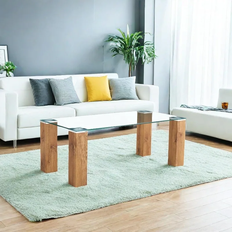 Modern Minimalist Rectangular Coffee Table,Glass Desktop & Wooden MDF Table Legs,for Living Room,Transparent