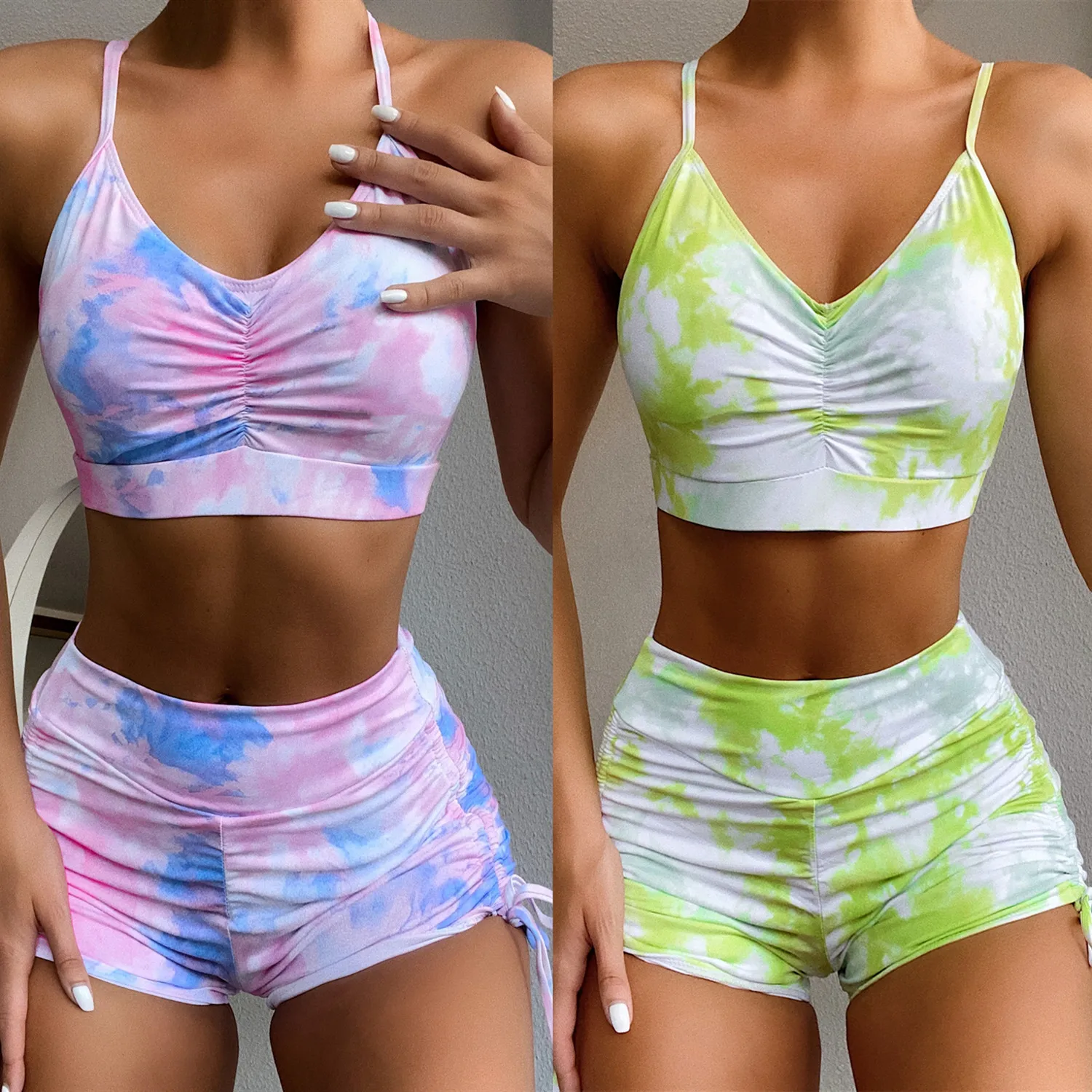 2026 Sexy Two Piece Bikini Set Women Push Up Tummy Control Sporty Yoga Swimsuit Swimwear Beach Vacation Summer Shorts Set Outfit