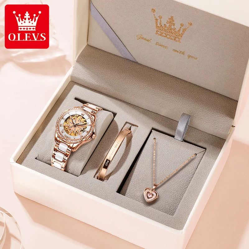 OLEVS 6681 Fashion Elegant Women Watch Deep Waterproof Ceramic Strap Stainless steel Automatic Mechanical Watch for Ladies Set