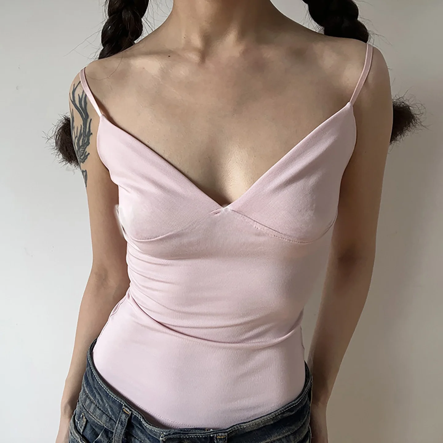 Retro Sexy Deep V-neck  Comfortable Elastic Slim Fit Striped  Color Camisole Tank Top Women's Summer Fashion