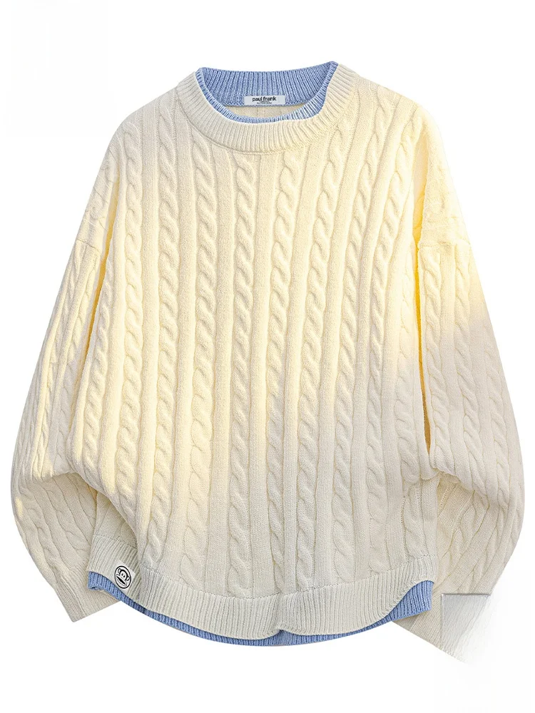 

PaulFrank Casual Knitted Color Blo Sweater Men's Autumn Warm Twisted Knit Top Fake Two-Piece Sle Soft Comfortable Polyester