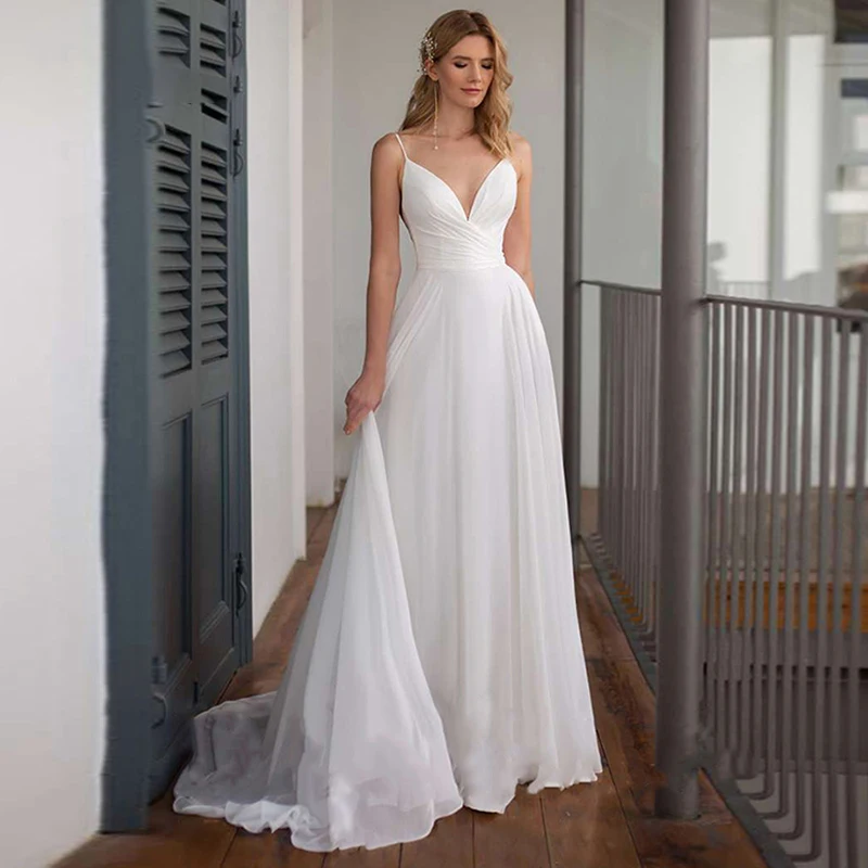 

Simple V-Neck A-Line Boho Wedding Dresses Sleeveless Pleated Chiffon Beach wedding dresses for women