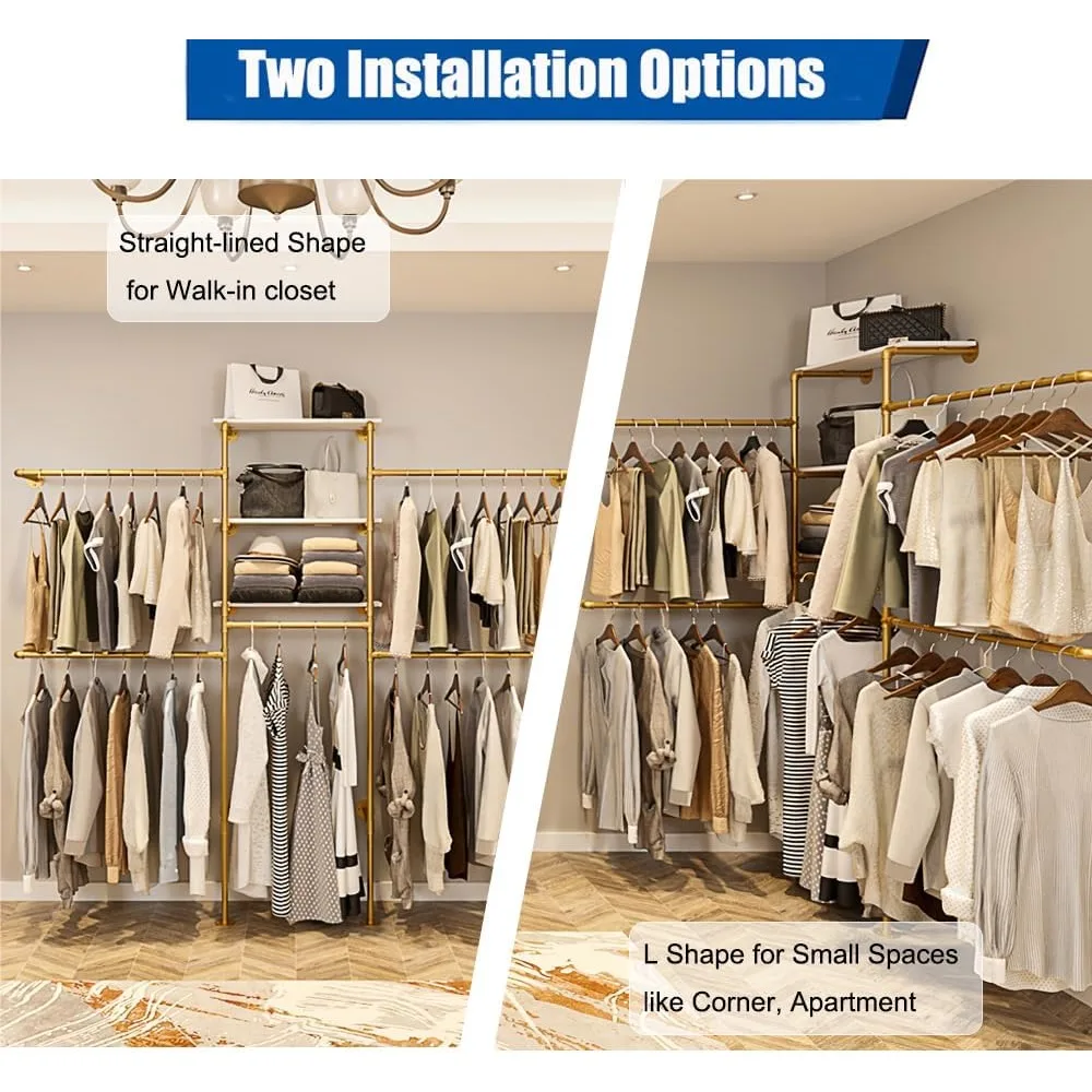 インダストリアルスタイルの壁掛け式頑丈なゴールドパイプ製衣類ラック（調節可能な棚とコーナークローゼットシステム付き）